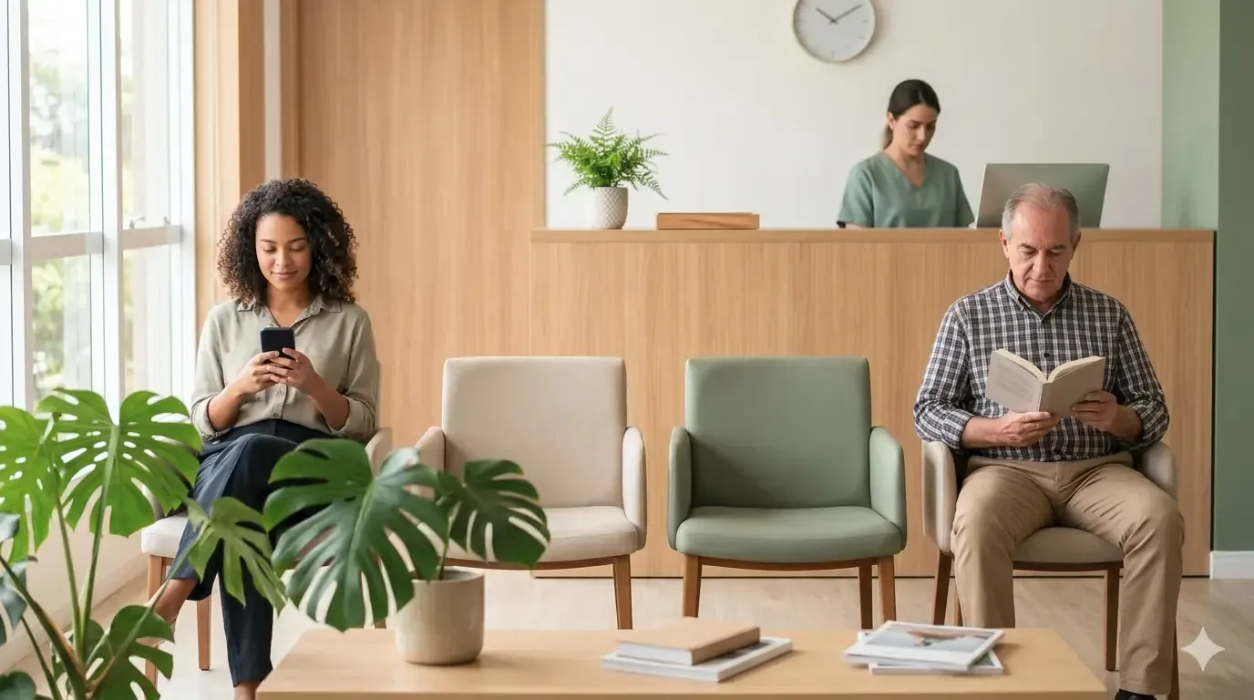 Sala de espera tranquila de uma clínica moderna com pacientes confortavelmente acomodados