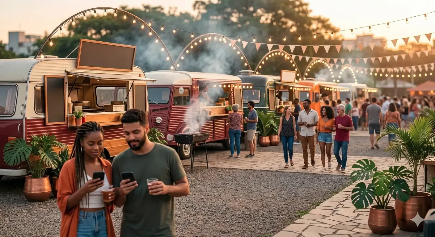 Pessoas acessando informações pelo celular em um ambiente movimentado