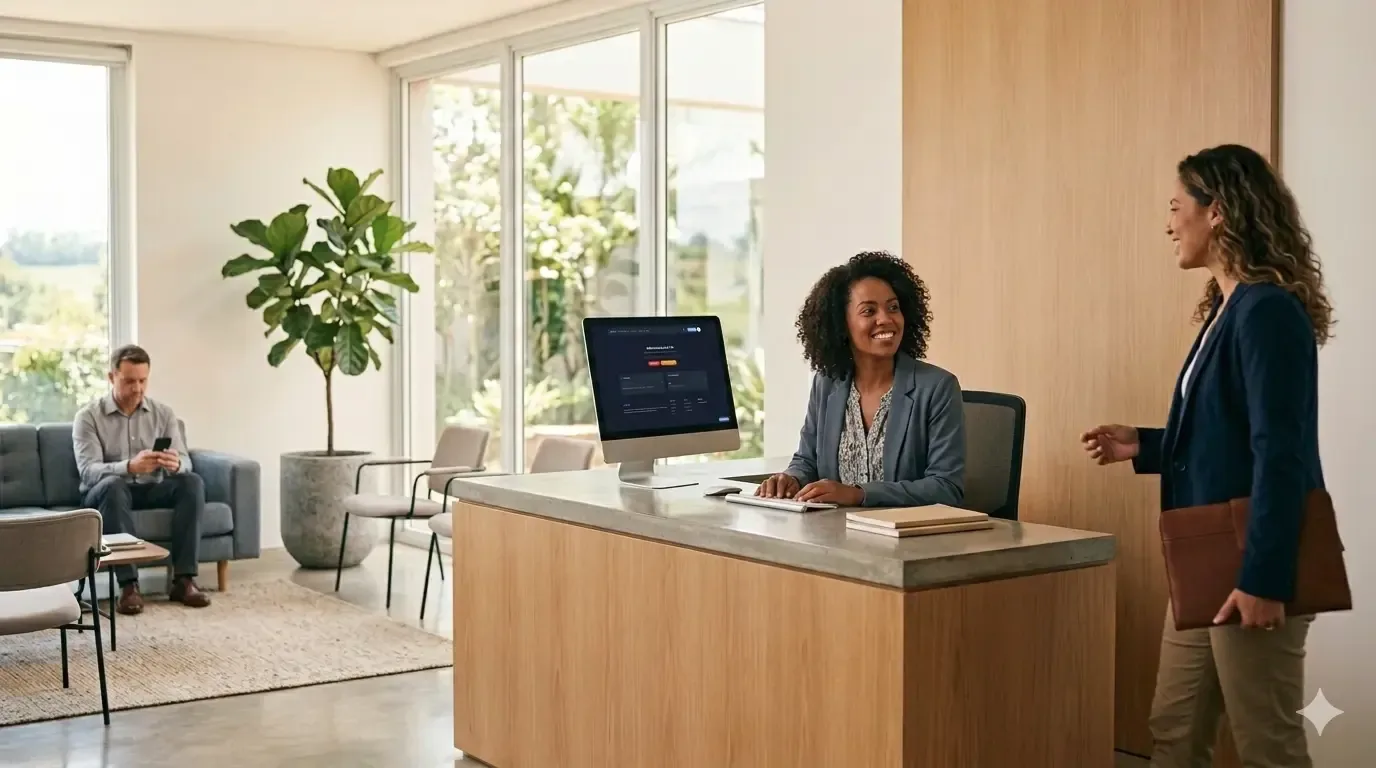 Recepção espaçosa com clientes distribuídos confortavelmente, sem aglomeração