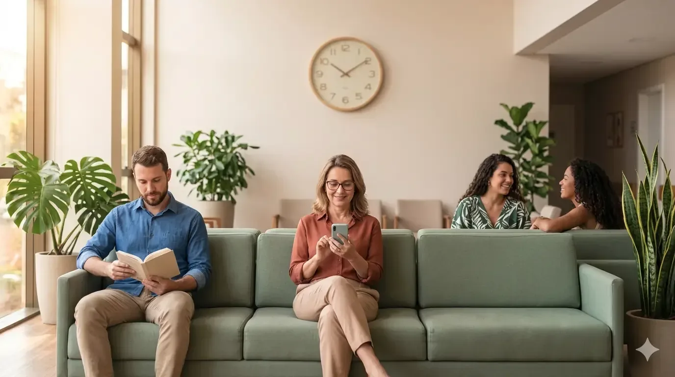 Relógio analógico em primeiro plano simbolizando a percepção do tempo de espera