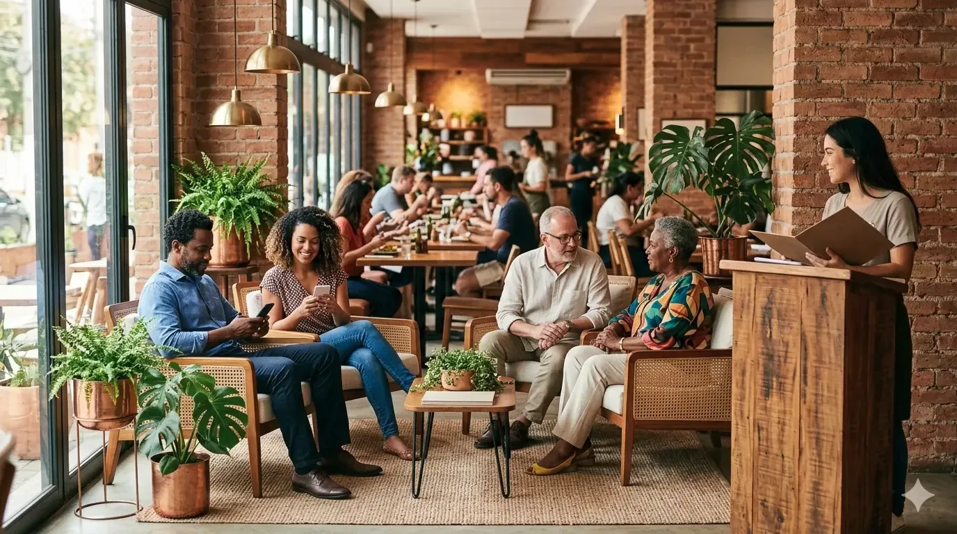 Clientes confortavelmente sentados em uma sala de espera moderna de restaurante