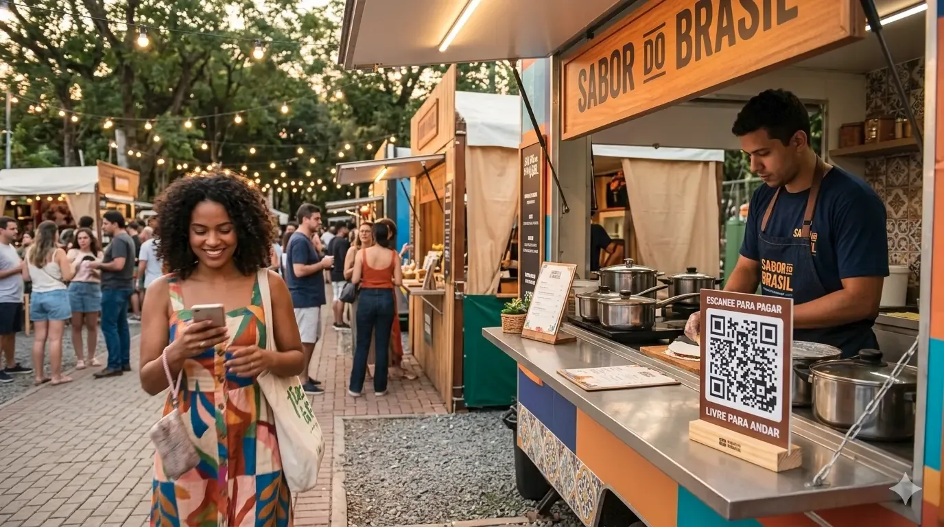 Cliente saindo de food truck com pedido em mãos após escanear QR code em evento ao ar livre
