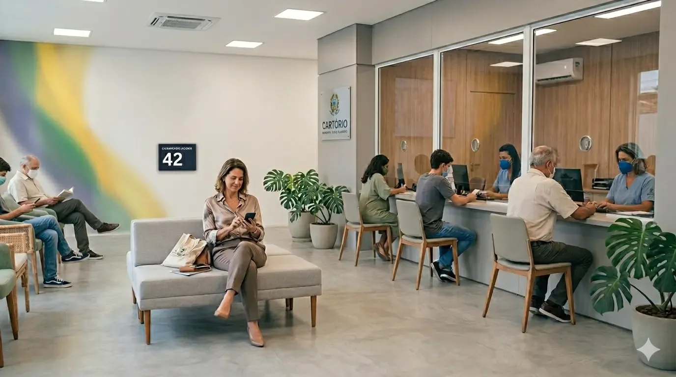 Sala de atendimento de cartório com cidadãos esperando confortavelmente sentados em vez de em fila