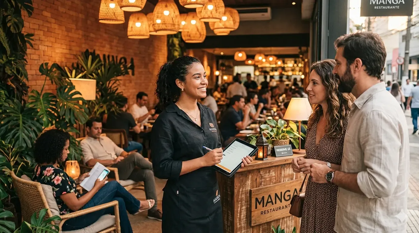 Recepção de restaurante moderno com clientes aguardando confortavelmente perto da entrada