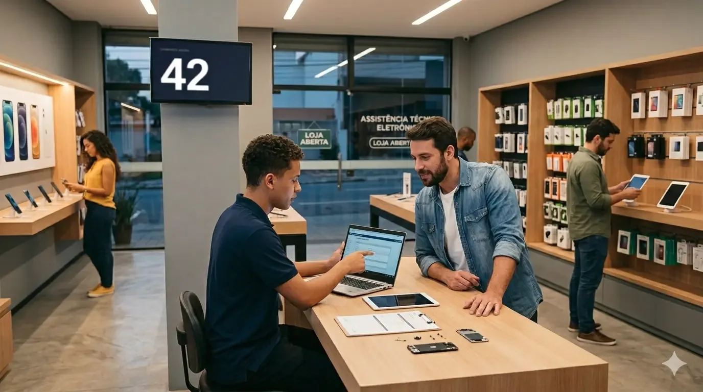 Atendente explicando um produto a um cliente no balcão de uma loja moderna